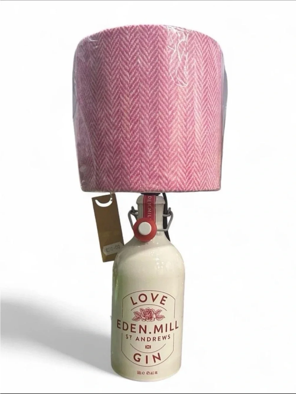 Eden Mill St Andrews Love Gin Upcycled Bottle Lamp Pink Harris Tweed Shades